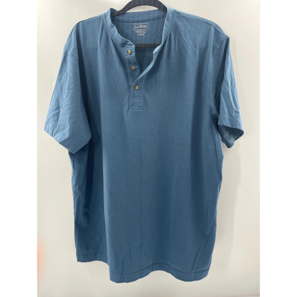 LL Bean Mens Henley Shirt Blue Short Sleeve Traditional Fit Large L REG 2321